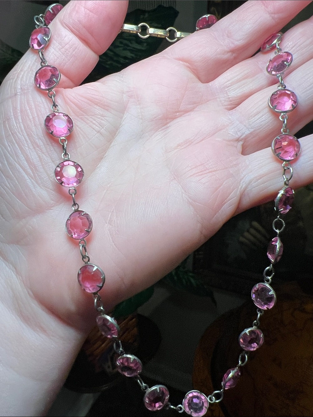 Antique Art Deco Pink Riviere Faceted Paste Glass Open Back Gem Choker Necklace - Picture 6 of 7